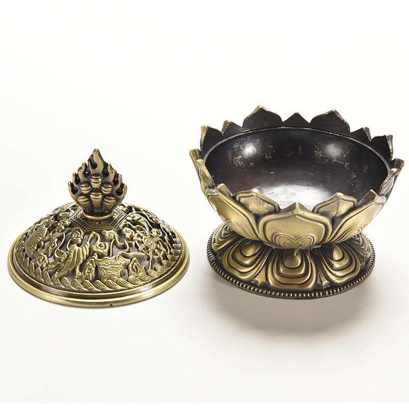 Tibet Collect Bronze Auspicious Lotus Shape Statue Box Incense Burner Censer