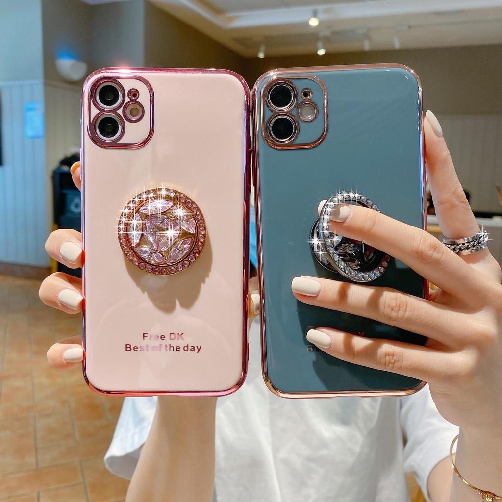 Finger Ring Bling Glitter Diamond Plating Color Bumper Phone Case For iPhone 14 Samsung Huawei Xiaomi Stand Holder Soft Silicone Shockproof Back Cover