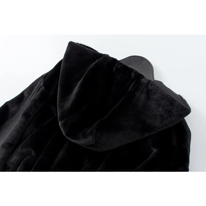 Autumn Winter Faux Rabbit Fur Bomber Teddy Coat Zipper Streetwear High Waist Furry Hooded Plush Jacket Cardigan Fleece Parkas