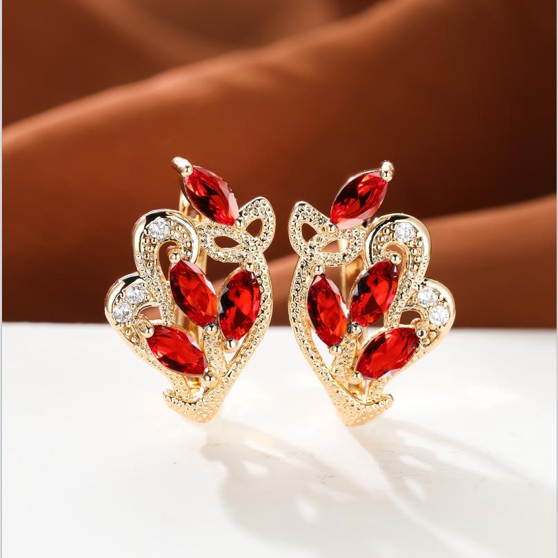 1 пара серег золотого цвета с радужным камнем и цветочным узором в виде листьев, красные, желтые, синие, зеленые, висячие полые серьги с камнями