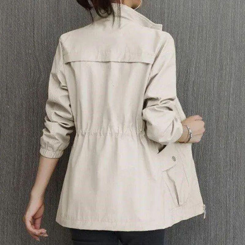 Women Casual Lapel Drawstring Windbreake Spring Loose Trench Coats Mid-length Big Size Jacket
