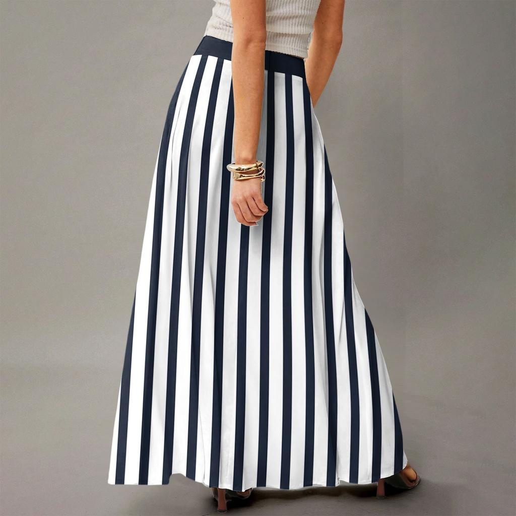 Женская повседневная складная юбка макси с высокой талией, драпированная, свободного кроя, с карманом, в полоску, в клетку