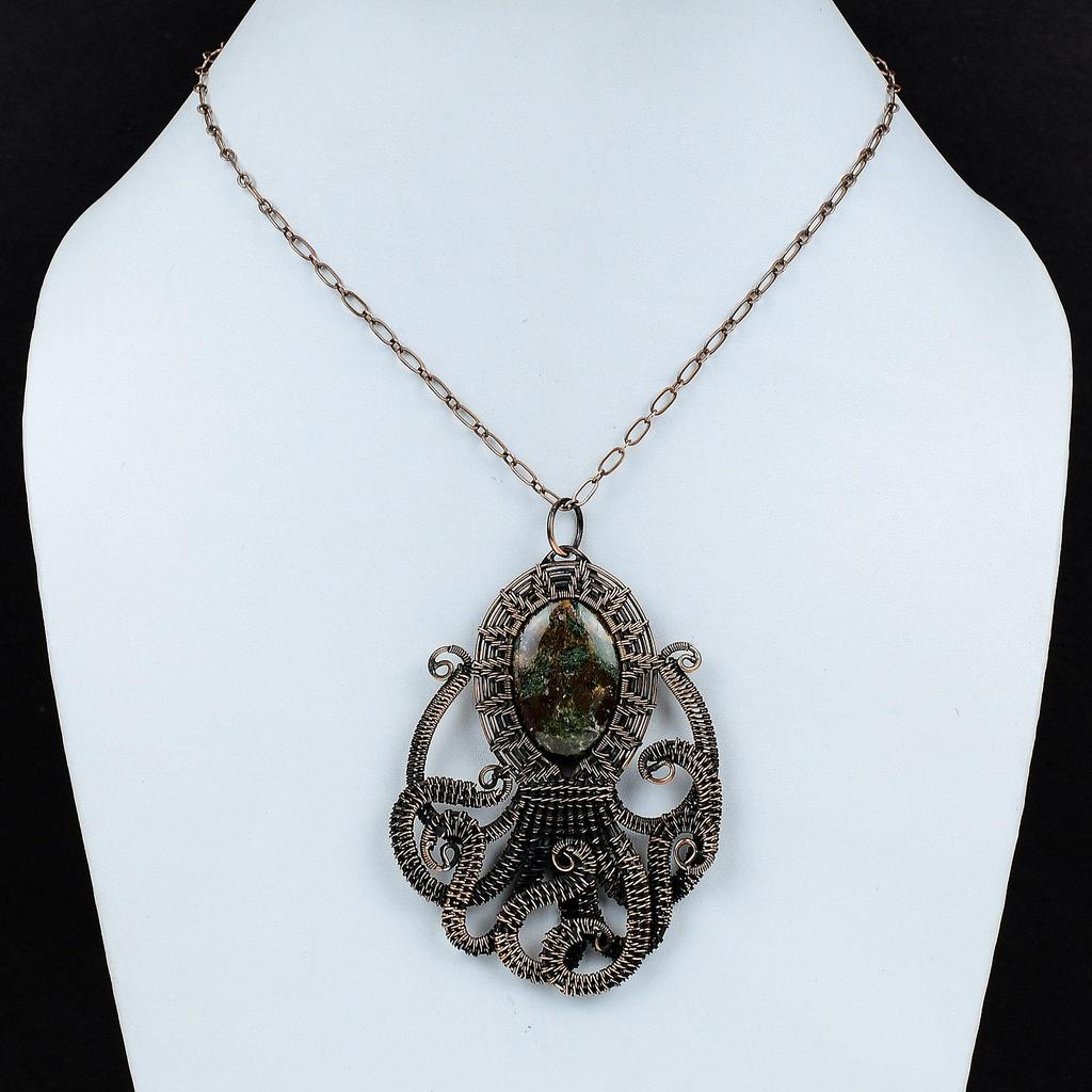 Подвеска со спессартиновым гранатом в известняке, медная проволока, кулон с драгоценным камнем, кулон в виде осьминога, подарок для женщин, медные украшения, кулон ручной работы