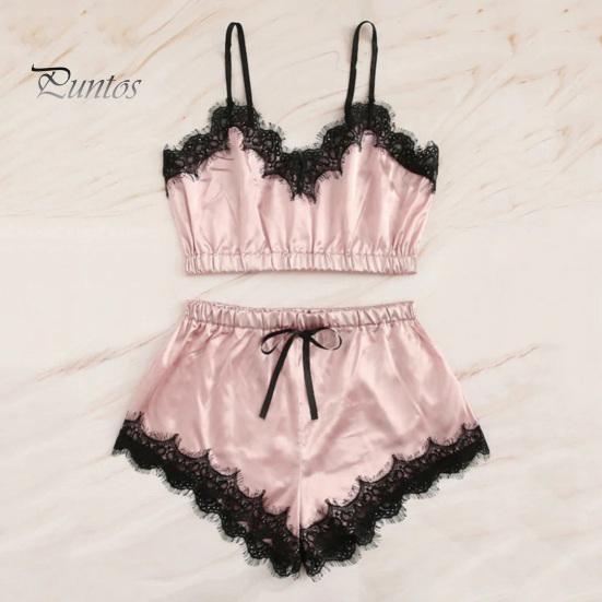 Женский пижамный комплект из 2 предметов, кружевная отделка, V-образный вырез, укороченный топ на бретельках, эластичный пояс, шорты, повседневный комплект без рукавов, домашний комплект