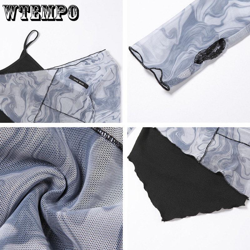 WTEMPO Женская шикарная сетчатая лоскутная футболка с длинными рукавами + внутренняя подтяжка на подтяжках, нерегулярные искусственные укороченные топы из двух предметов