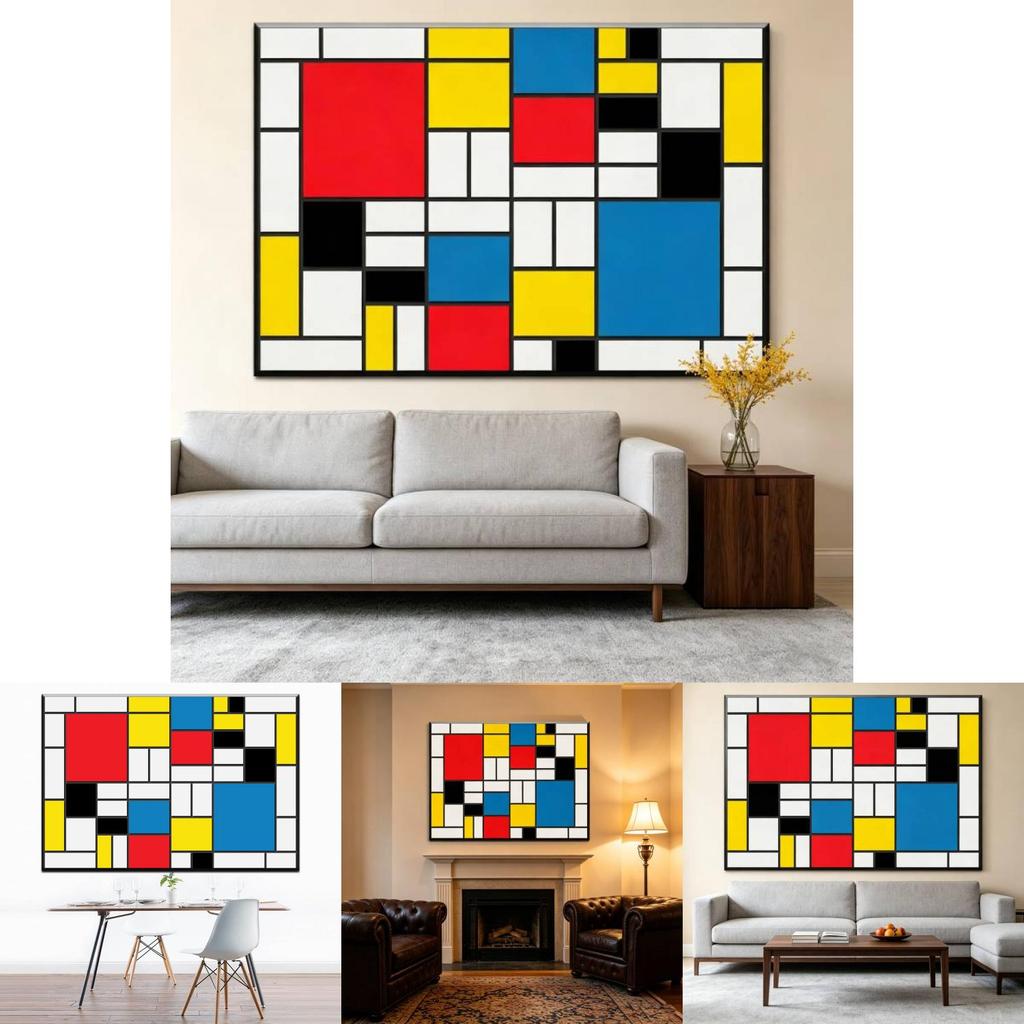 Red Yellow Blue Abstract Grid Artwork For Living Room Decor