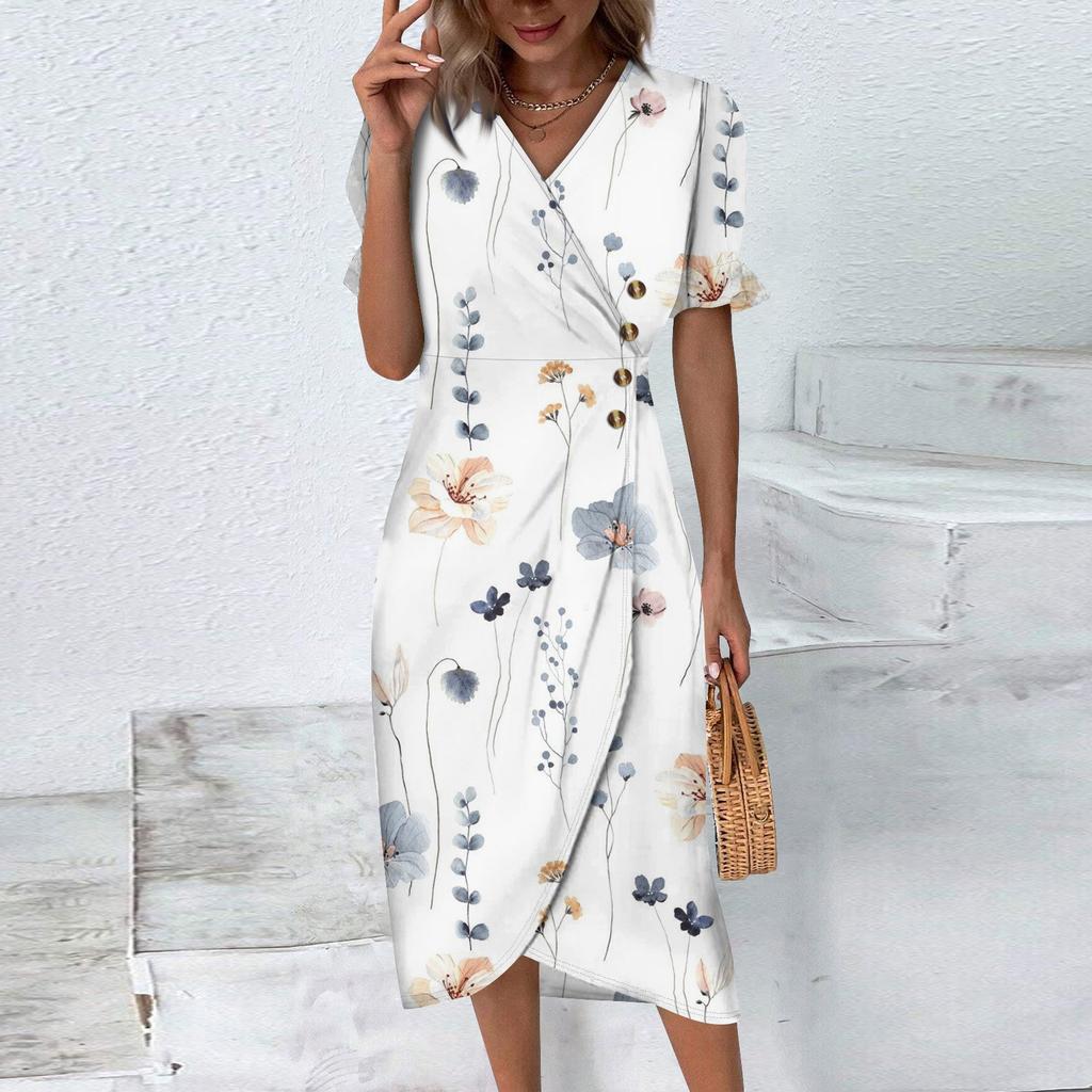 Beach Dresses For Women Spring Summer Elegant Wrap V Neck Floral Boho Dress Flowy Ruched Hawaiian Maxi Dress