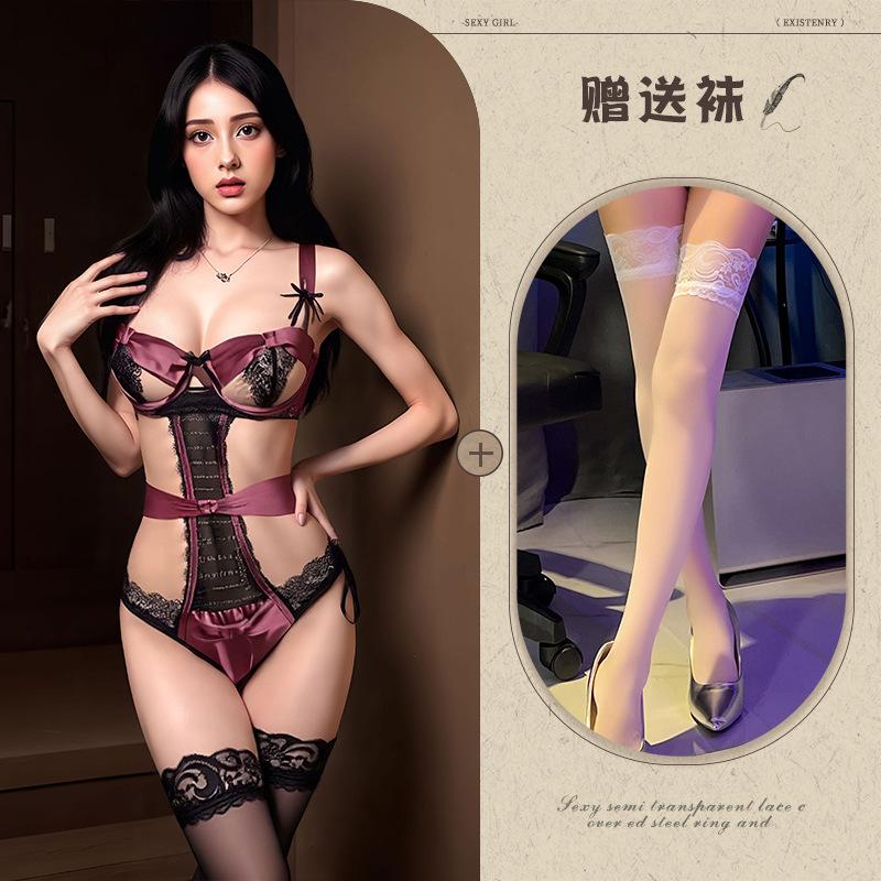 Sexy lingerie suspender onesie lace seduction uniform hollow sexy small chest women with steel ring