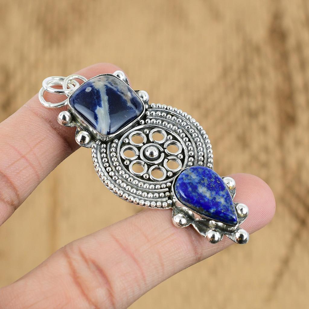 Cushion Natural Sodalite Lapis Lazuli 925 Sterling Silver Mother Pendant Jewelry