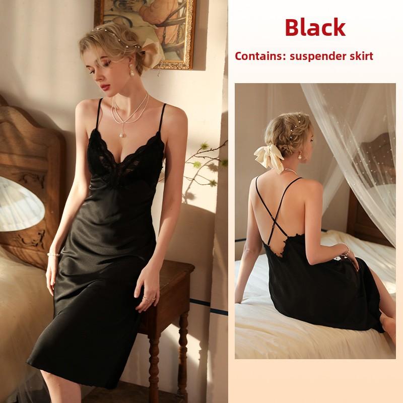 Сексуальная ночная рубашка Ice Lace Пижама Юбка с подтяжками Грудь Подкладка Свадебный халат Длинный Домашний халат