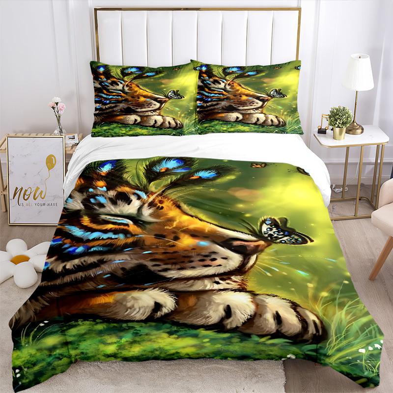 3pcs Tiger Butterfly Design Duvet Cover Set, Cover For Bedroom Guest Room (1 Duvet Cover + 2 Pillowcase, Without Quilt), yy250922151