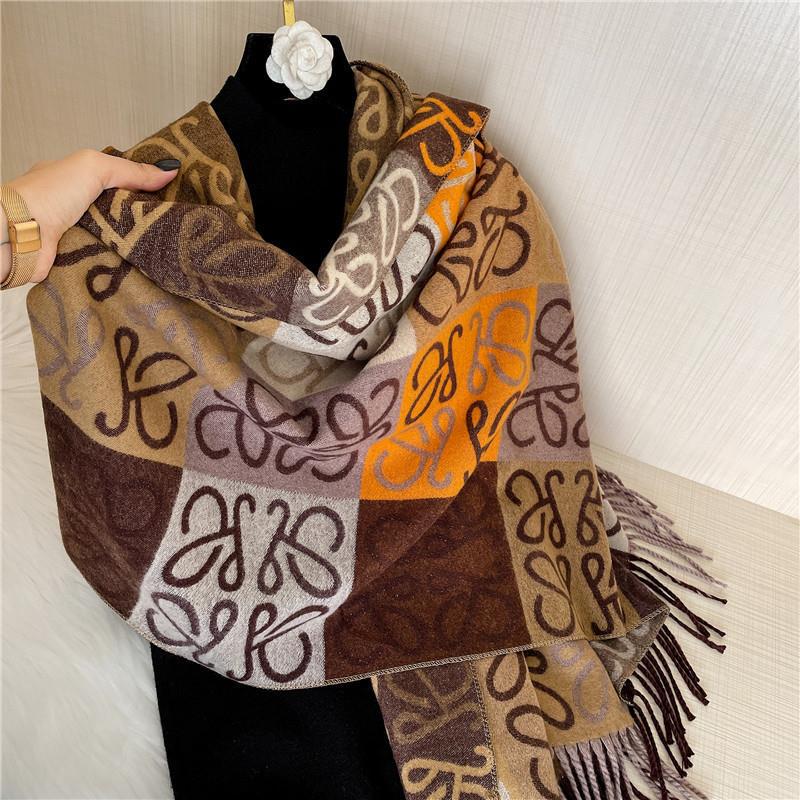 Autumn and Winter New Style Contrasting Color Splicing Checkered Brown Imitation Cashmere Warm Casual Scarf Women's Outer Shawl with Long Tassels