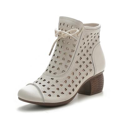 GKTINOO 2025 Летние ботильоны из натуральной кожи Женская обувь Сандалии на среднем каблуке Ботинки с боковой молнией Перфорированные Дышащие Mujer Zapatos