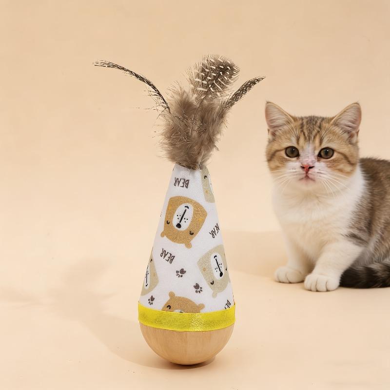 Interactive Tumbler Cat Toy with Feathers, Automatic Balancing Teasing Stick for Kittens, Indoor Cat Entertainment Toy