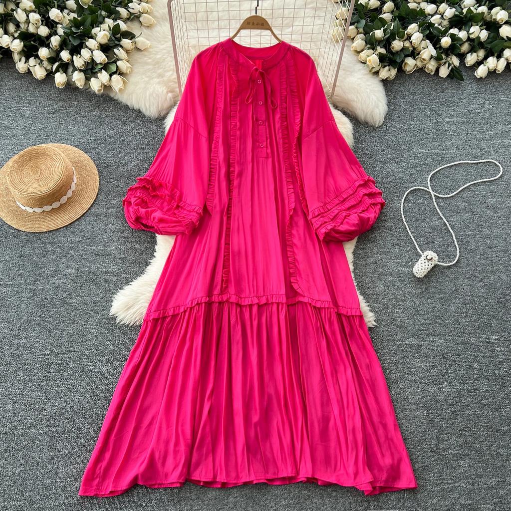 Винтажное однобортное платье с круглым вырезом на шнуровке, модное, с длинными рукавами, элегантное, свободное, с оборками, корейская женская одежда High Street