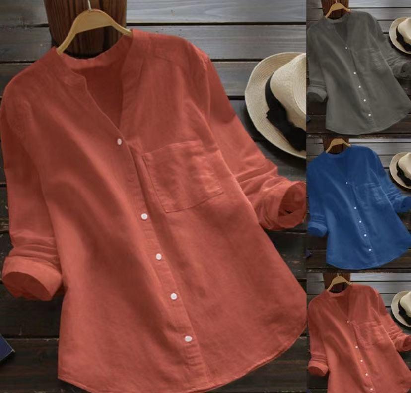 2022 Женский Хлопково-Льняной Повседневный Свободный Топ с Длинным Рукавом - Большой Размер Однотонный