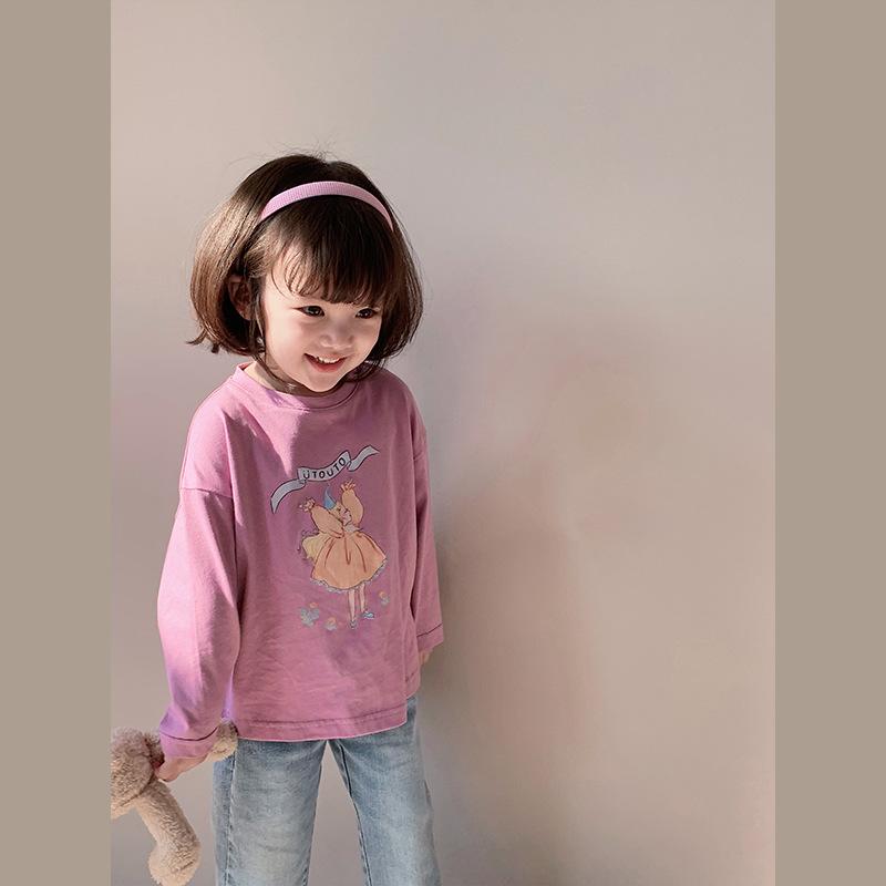 Детский весенне-осенний повседневный пуловер с длинными рукавами и круглым вырезом с принтом в картонной упаковке, футболка, топы для девочек