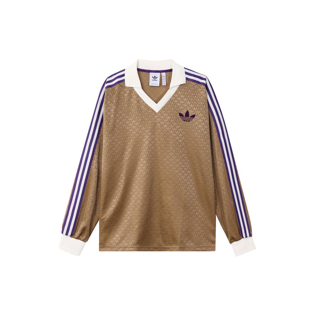 adidas Оригинальная футболка в полоску с трилистником и логотипом с v-образным вырезом и длинными рукавами, мужские топы, коричневые IB3438
