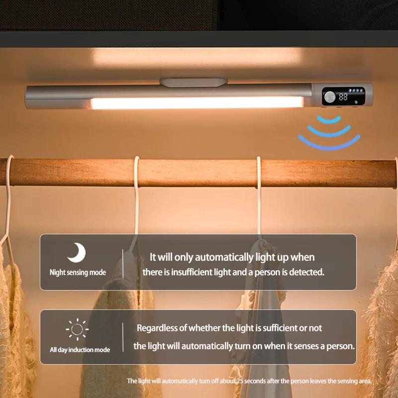 Bar LED Lights Motion Sensor Cabinet Lights Digital Display Desk Lamp Type C Rechargeable Lights for Kitchen Closet Night Light