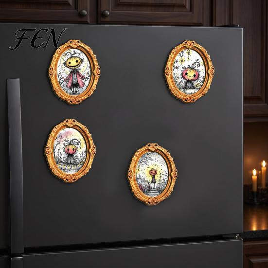 Festive Fridge Magnet Halloween Wooden Frame Refrigerator Magnet, Retro Oval Decorative Metal Cabinet Magnets Pumpkin Ghost Magnetic Decoration