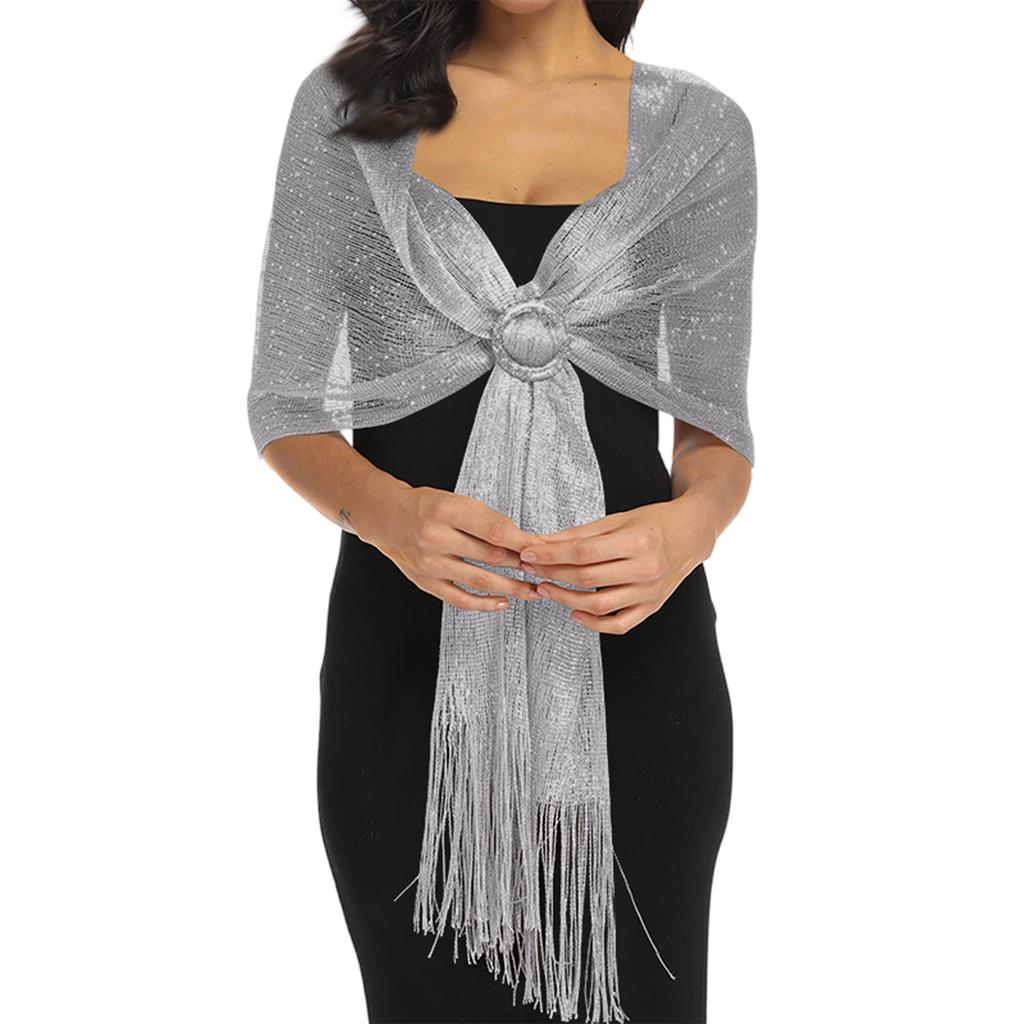 Women Wrap Shawl Knit Evening Scarf Lightweight Long Glitter Fringe Soft Formal Dress Accessories for Parties Events