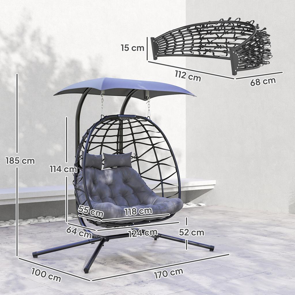 Hanging Chair, Foldable Basket Chair with Cushion, Steel Frame, Sun Canopy, Up to 260 kg Load Capacity, Dark Grey