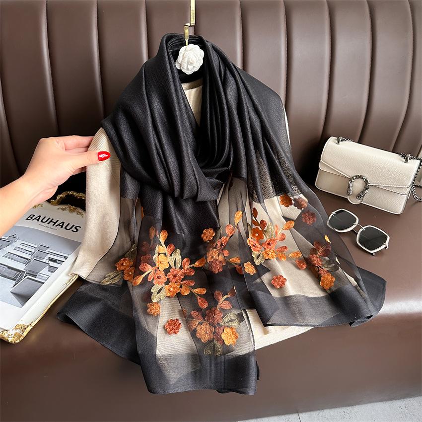 Elegant Silk Wool Embroidered Crabapple Flower Scarf - Double Layer, Thin, Large Shawl, Solid Color, All-Season Accessory.