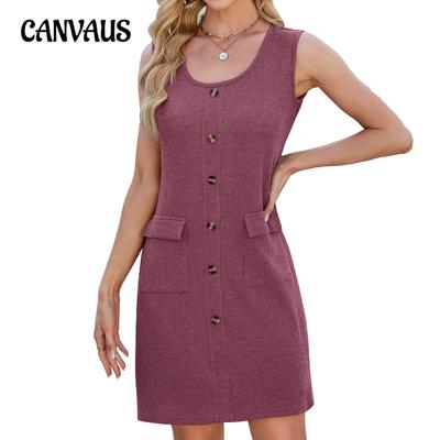 Женские новые весенне-летние однотонные платья без рукавов с круглым вырезом и карманами на пуговицах
