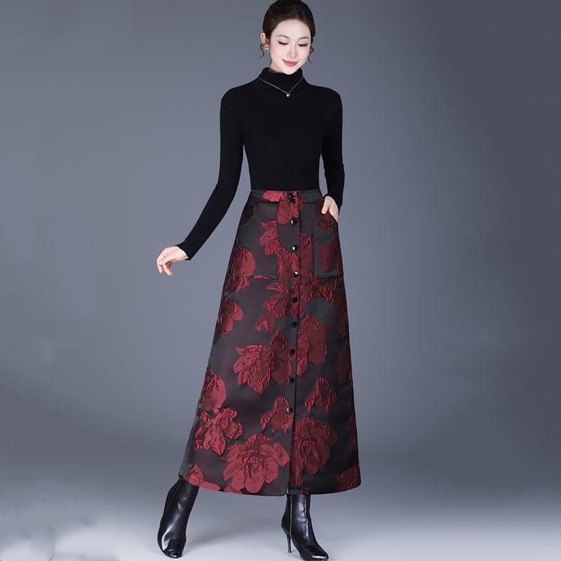 Жаккардовый Хлопок с Набивкой больших размеров Высокая талия винтажный цветочный Весна осень Зима повседневный свободный длинный для женщины юбки женская юбка