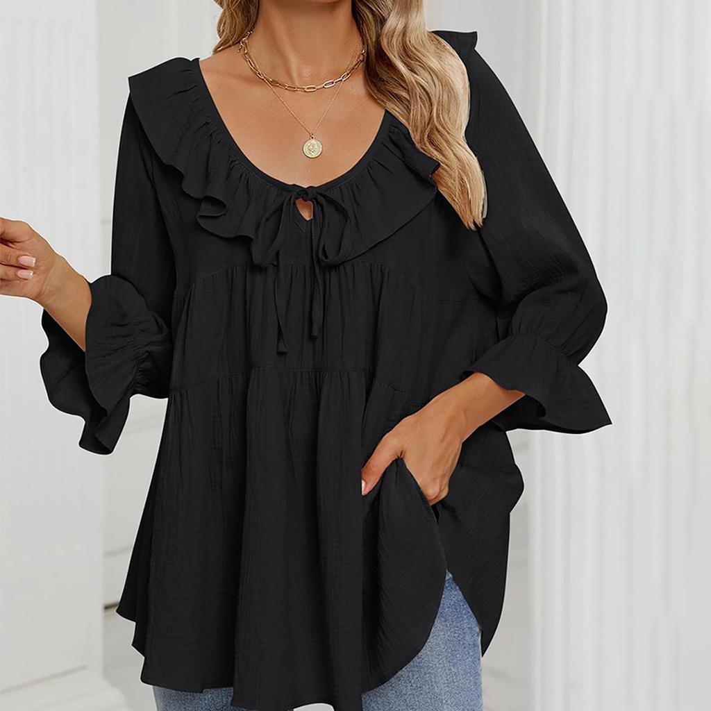 Женская туника-рубашка с круглым вырезом, завязками спереди, складками, декорированная, многослойная, свободная, с рукавами-семью точками