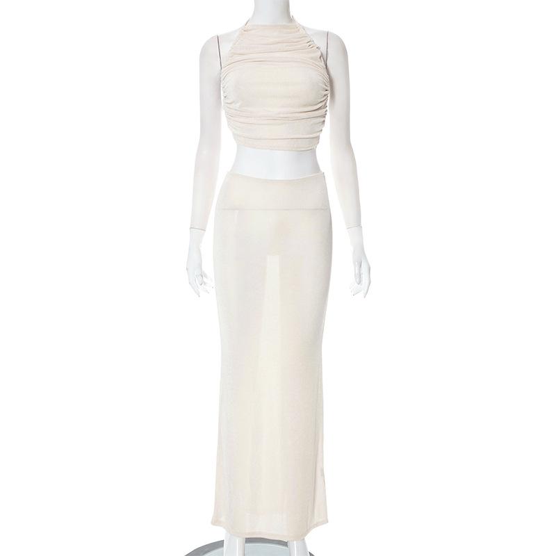 Сексуальный летний укороченный топ с открытой спиной, сплошной цвет, повседневное облегающее платье без рукавов, вечернее длинное платье, новая мода, плиссированные платья Y2k, клуб 243