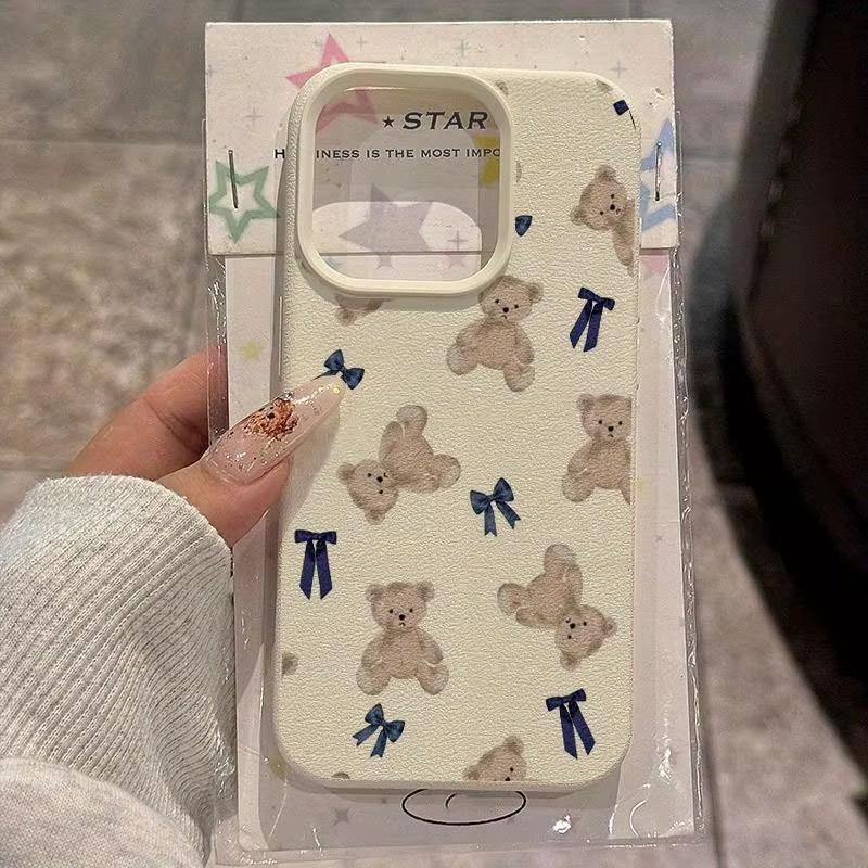 Милый Медвежонок с Узором из Бантов Личи Чехол для Телефона Для iPhone 17 Pro Max 11 12 13 14 15 16 Pro 17 Air 15 Plus X XS XR 16E Мягкий Чехол
