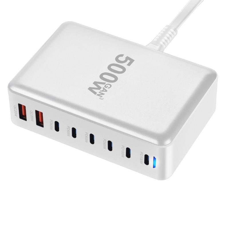 500 Вт Настольные GaN Зарядные Устройства 6 USB C 2 USB A Зарядная Станция Настольный Мультипорт для Быстрых Зарядных Устройств Адаптер Питания для Ноутбука