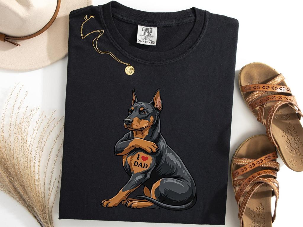 Doberman Pinscher I Love Dad Shirt, Funny Dobie Fathers Day Tattoo Tee, Dog Lover Gift