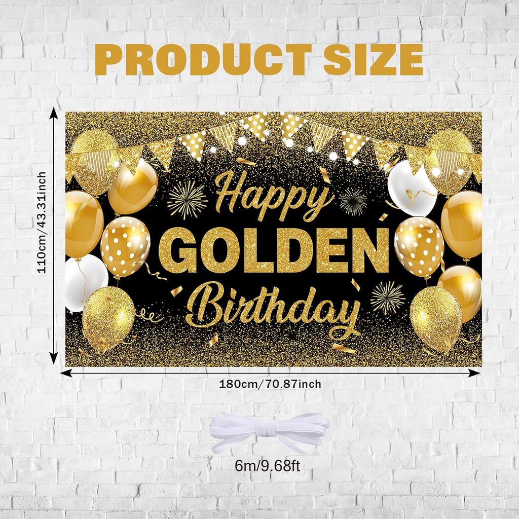 Черно-золотой баннер «Счастливый золотой день рождения» - Большой золотой фон для декора дня рождения для взрослых - Роскошные золотые украшения для вечеринки на 21-й, 30-й, 40-й,
