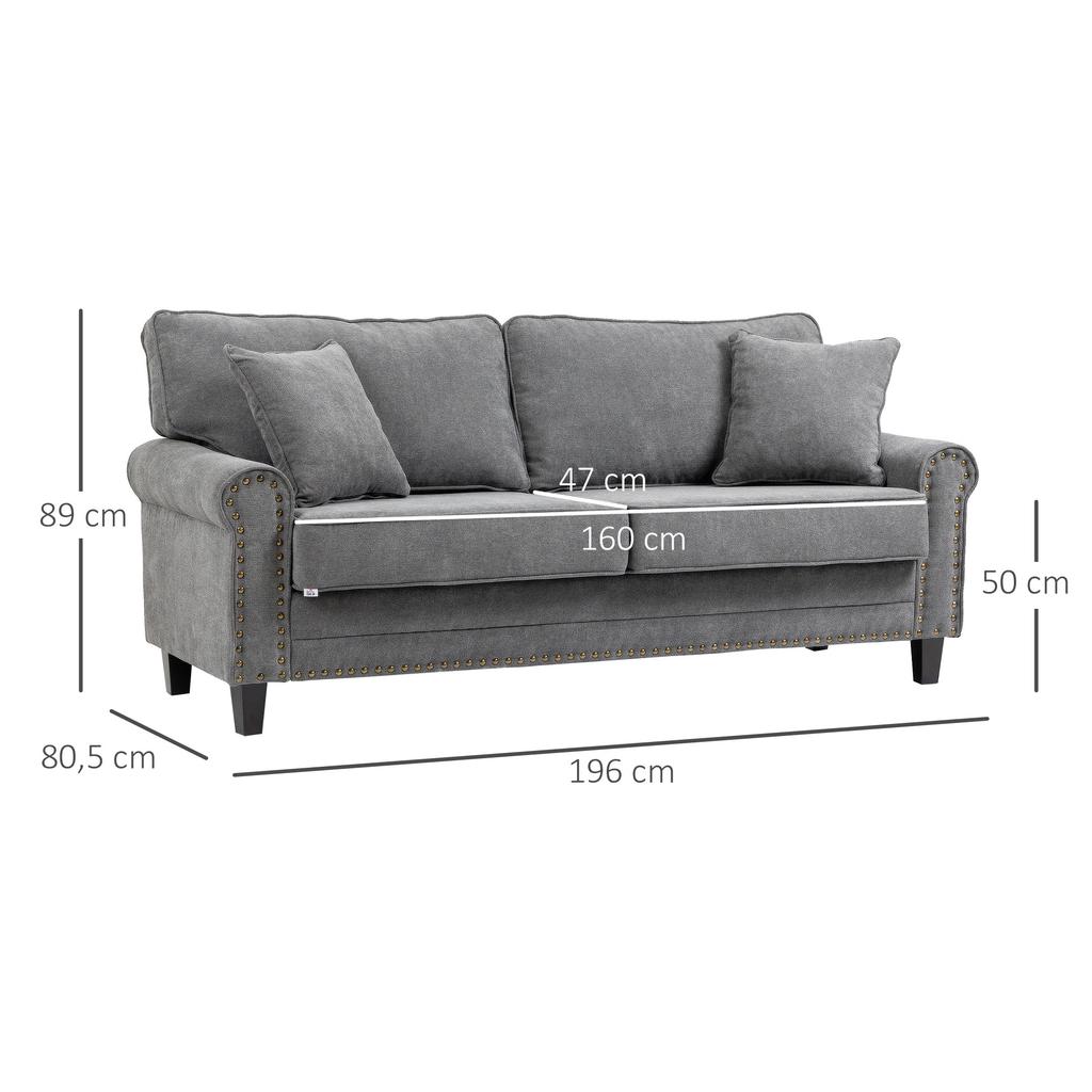3-Seater Sofa with Aged Gold Studs Upholstered in Polyester with 2 Decorative Cushions 196x80,5x89 cm Grey