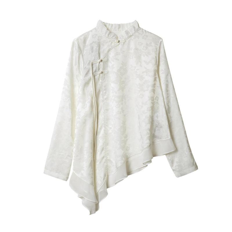 Шикарная блузка с пряжкой, расписанная тушью, для женщин - неровный подол, летний стиль, топ с шифоновыми рукавами