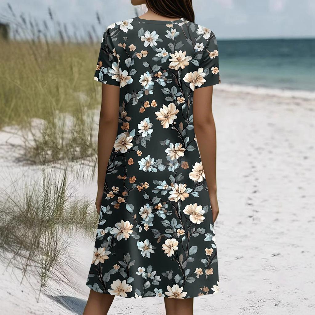 Short Sleeve Boho Dress For Women Casual Loose Fit Sundress Print Round Neck Dress With Pockets