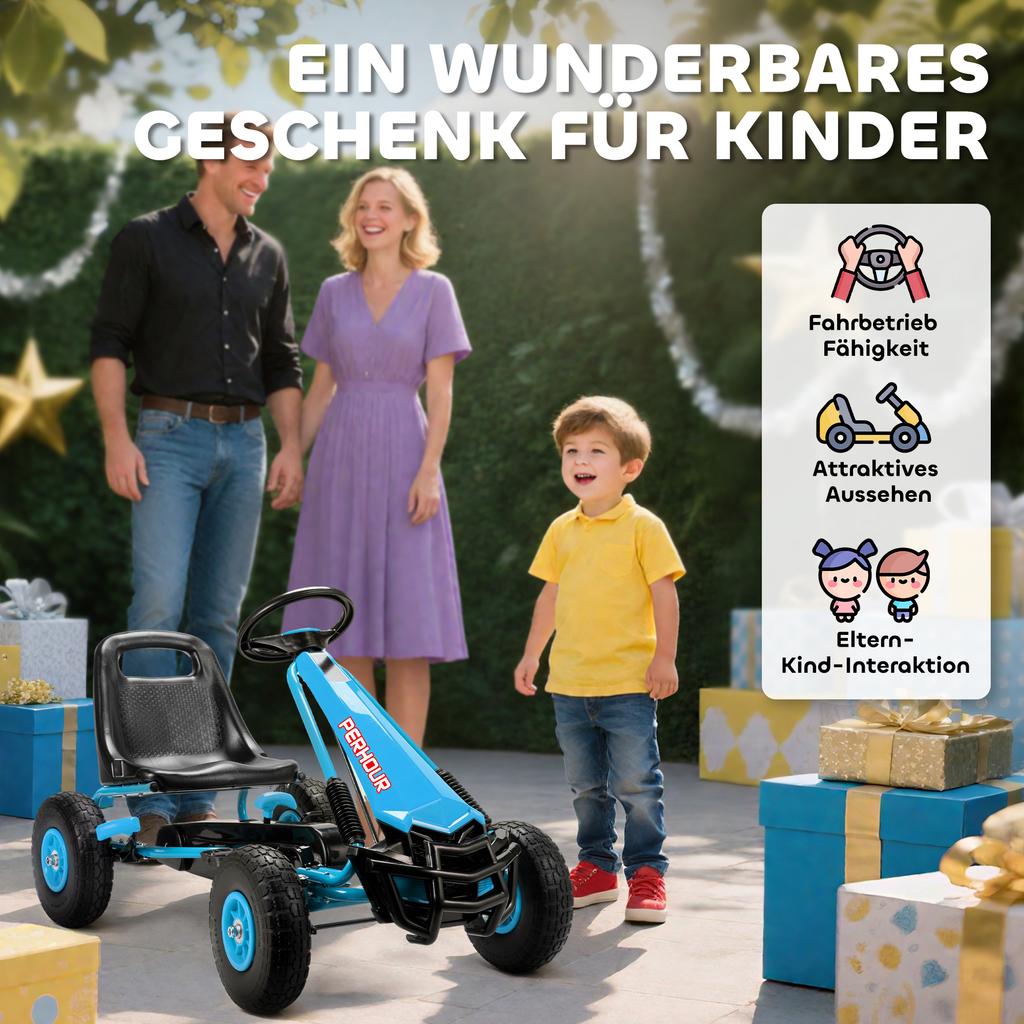 Kids Pedal Go Kart with Adjustable Seat, EVA Tyres, Manual Clutch, Brake, Go Kart for Kids 3-8 Years, Blue