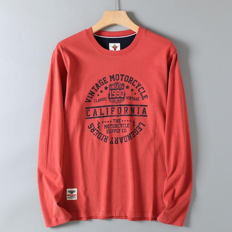 Retro Trendy Letter Print Long-Sleeve T-Shirt for Men, American-Style Casual Washed Pure Cotton, Comfortable Round-Neck Base Shirt