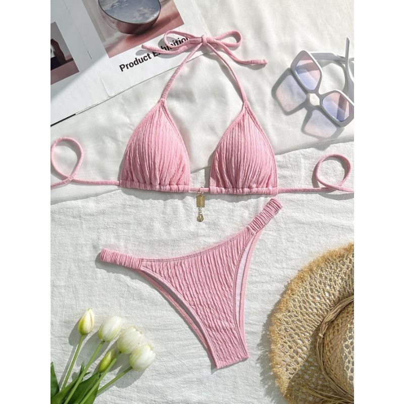 Розовый текстурированный треугольный бикини-комплект с подвеской, стринги, купальник из двух частей