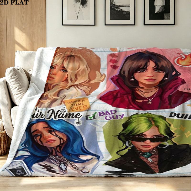 1PC Billie Eilish Custom Name Patterned Flannel Blanket Suitable For All Seasons for Home Decor Warmth and Comfort Gifts Holiday Present