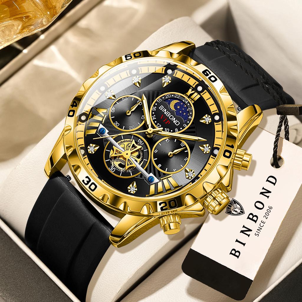 BINBOND Luxury Quartz Watches For Men Luminous Waterproof Chronograph Men's Watch Wristwatch Sturdy Sports Stopwatch Reloj
