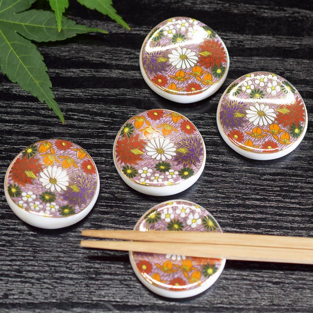 Waza No Stylish Japanese Kutani Ware Chopstick Set of with Gold Flower Round Japanese Cutlery Made In Japan Kura Rests, 5, Pattern, Pattern, Ceramic,