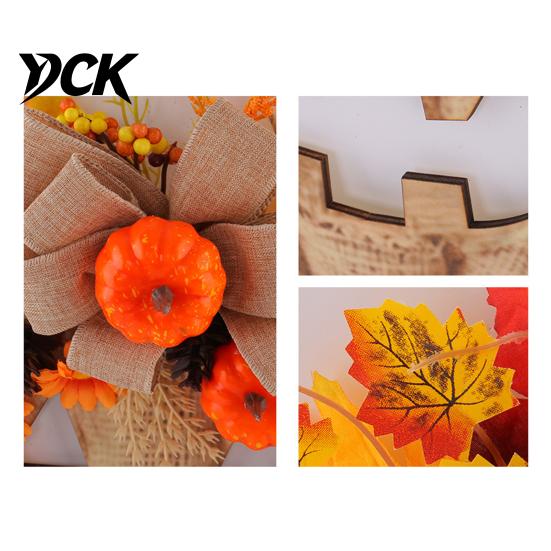 Thanksgiving Party Welcome Gift Wooden Pumpkin Halloween Door Sign with LED Lights, Artificial Floral Hanging Indoor Outdoor Seasonal Ornaments