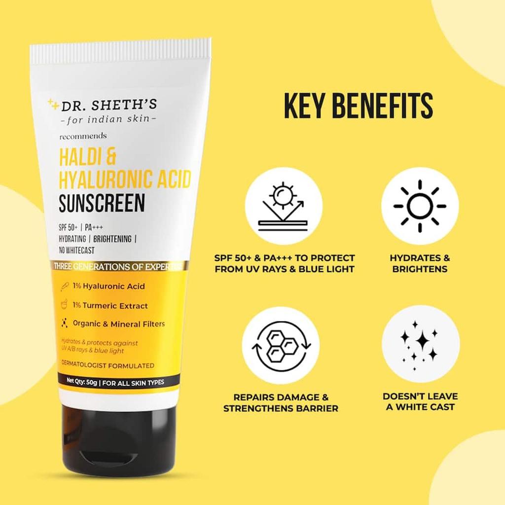 Доктор. Солнцезащитный крем для лица Sheth's Haldi & Hyaluronic Acid SPF 50+ Pa+++ Увлажняющий Осветляющий 50 г