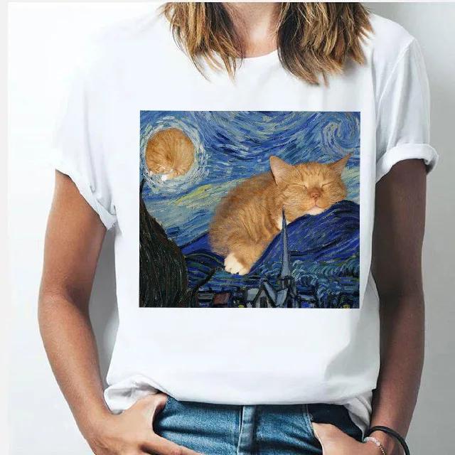 Oil Painting Cat Women's Fashion Personality Spoof Classic Oil Painting T-shirt Women Clothing Tops Harajuku Aesthetic Oversized