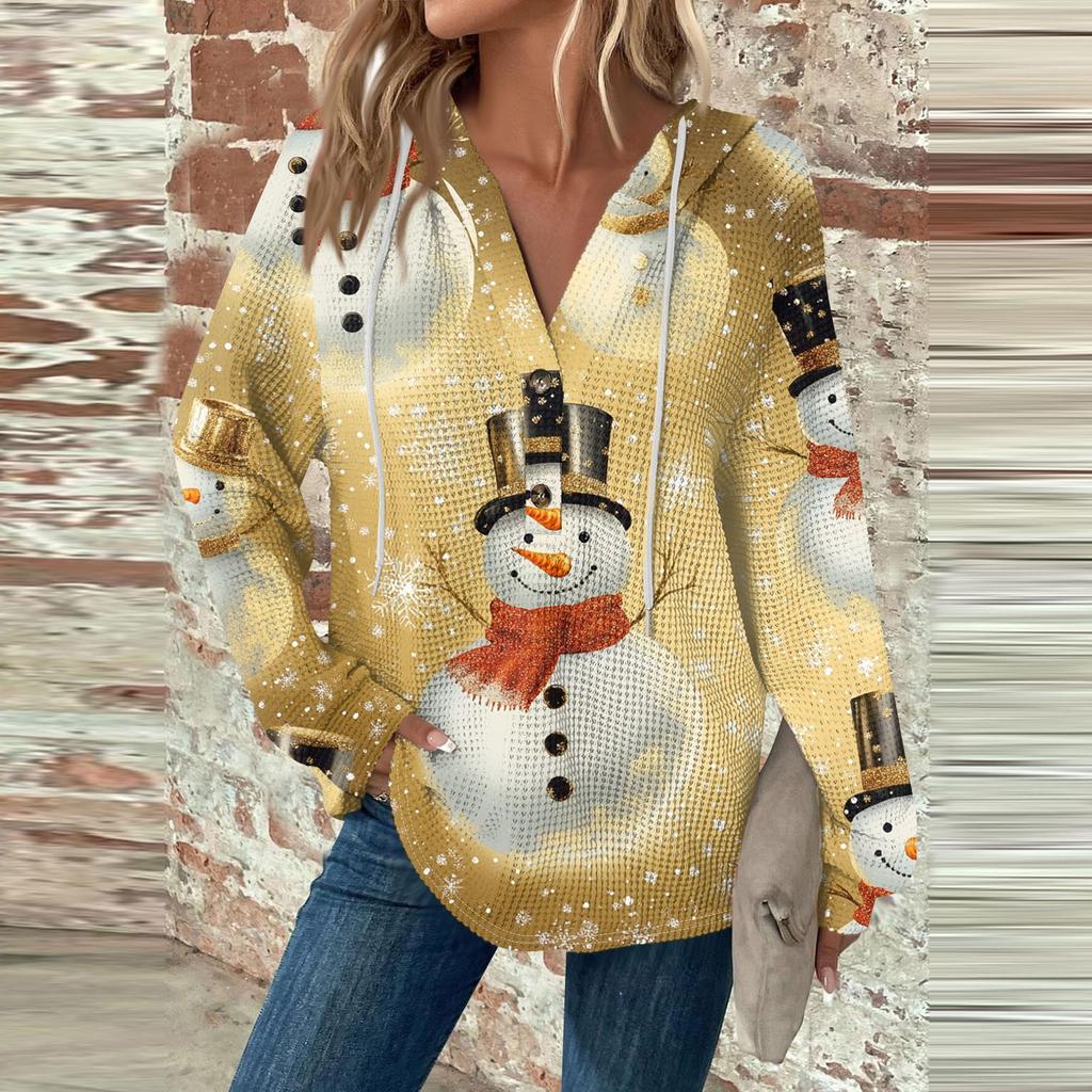 Women's Fashion Casual Long Sleeve  Drawstring Button V-Neck  Hooded Christmas Printed Sweatshirt Top