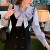 Fake Two Pieces Socialite Dresses Women's Clothing Patchwork Elegant Spring Autumn Scarf Collar Chic Drawstring Bow Mini Dress