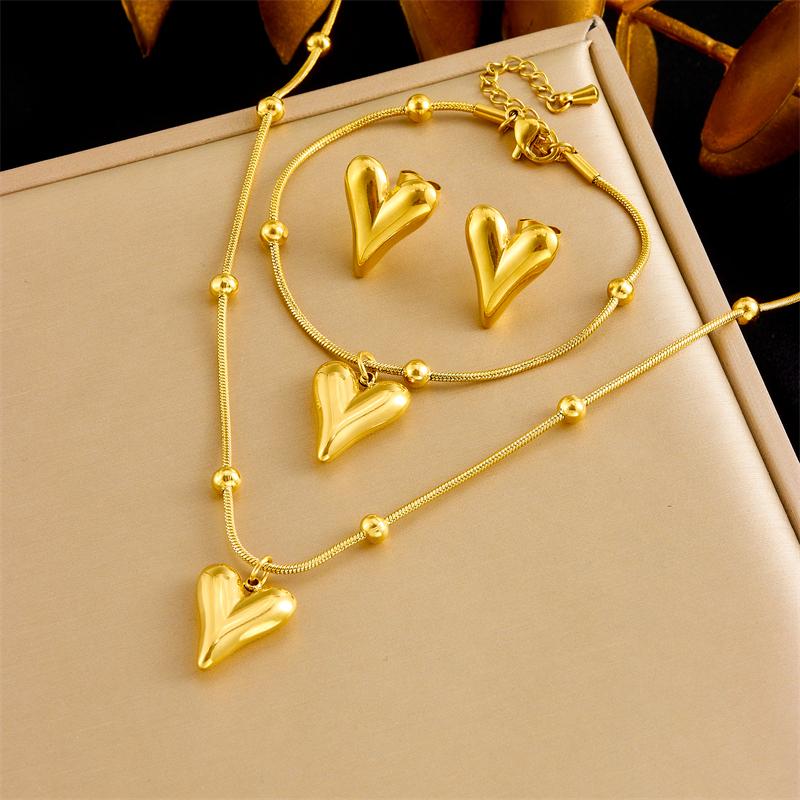 DIEYURO 316L Stainless Steel Simple Elegant Heart Necklace Earrings Bracelet Set Womens New Trend Love Series Jewelry Gift Sets
